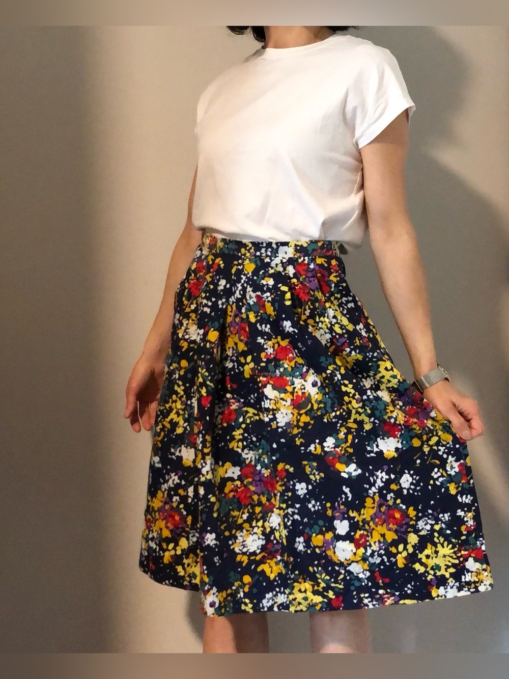 Vintage Handmade Navy Midi Skirt - Yellow & Red Print